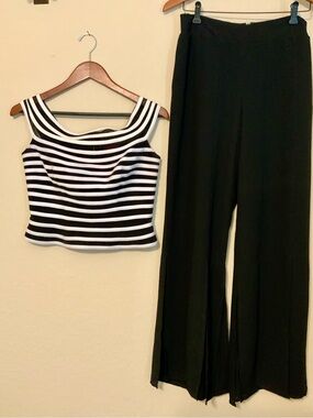 JS Collections Split Leg Pants with Black & White Striped Top, Evening Outfit